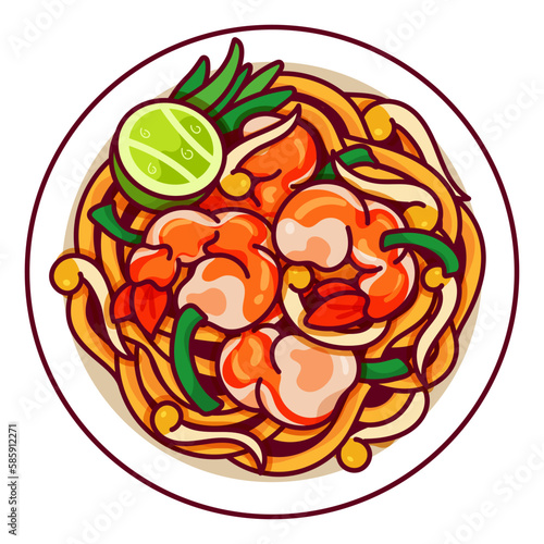 Pad thai noodles recipe illustration vector. Asian pad thai noodles food icon top view. Padthai dried with shrimp or prawn top view cartoon. Thai food menu icon top view vector.