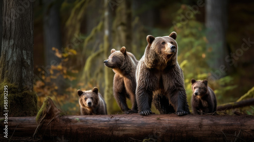 a mother grizzly bear with her cubs. Generative AI