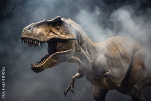 Tyrannosaurus T-rex ,dinosaur on smoke background. AI generated © yuliachupina