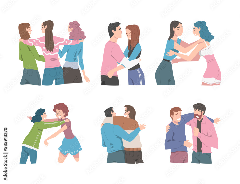 Young Man and Woman Friends Meeting Together Embracing and Greeting Each Other Vector Set Young Man and Woman Friends Meeting Together Embracing and Greeting Each Other Vector Set