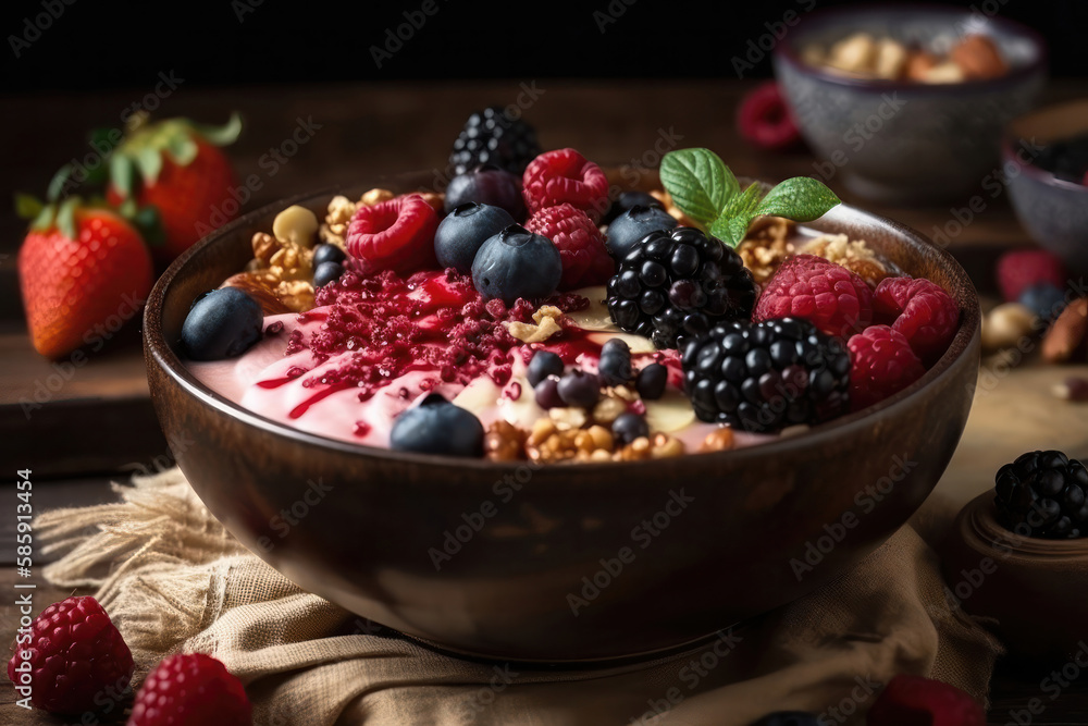 Nourishing and Delicious: A Smoothie Bowl Packed with Fresh Fruits and Nuts. Generative Ai Nourishing and Delicious: A Smoothie Bowl Packed with Fresh Fruits and Nuts. Generative Ai