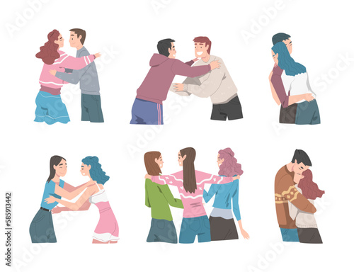 Young Man and Woman Friends Meeting Together Embracing and Greeting Each Other Vector Set