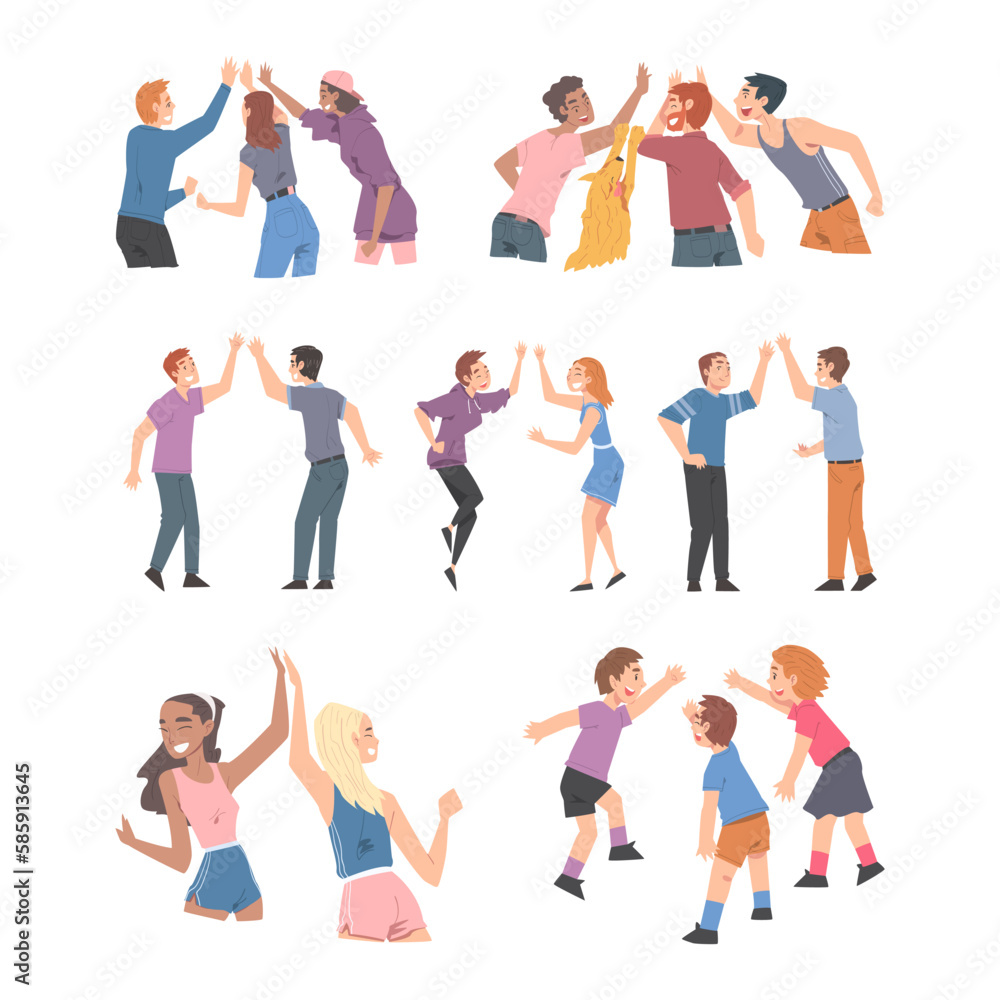 People Characters Giving High Five Gesture with Hand Vector Set