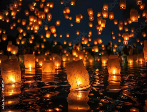 A Sea of Glowing Lanterns  A Stunning Reflection Over Water. Generative Ai
