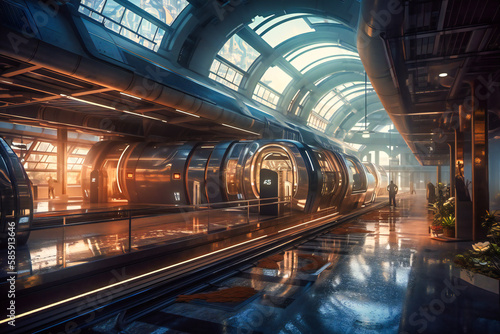 A futuristic train station features levitating platforms and hyperloop technology