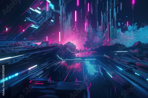 Abstract blue, mint and pink background with interlaced digital glitch and distortion effect. Futuristic cyberpunk design. Generative AI