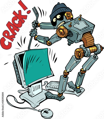A humanoid robot robber and a thief in a cap hacks into your computer. The problem of security and authentication in the digital space. Attack of hackers on your system.