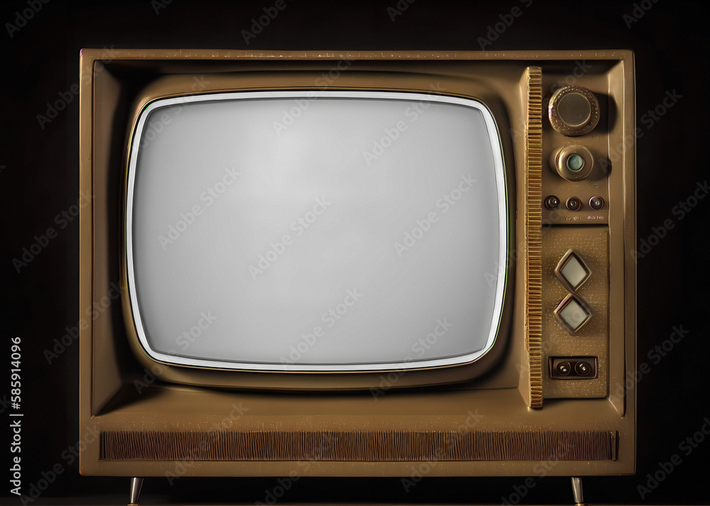 Illustration of a beautiful elegant television set, analog retro vintage household appliance with side buttons and knobs, empty gray screen. Generative AI.
Illustration of a beautiful elegant television set, analog retro vintage household appliance with side buttons and knobs, empty gray screen. Generative AI.