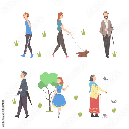 People Characters Walking in the Park with Dog and Speaking by Phone Vector Set