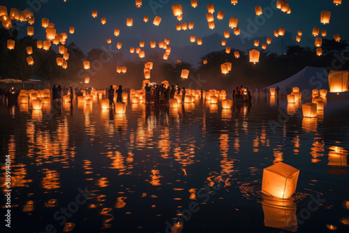 A Sea of Glowing Lanterns: A Stunning Reflection Over Water. Generative Ai