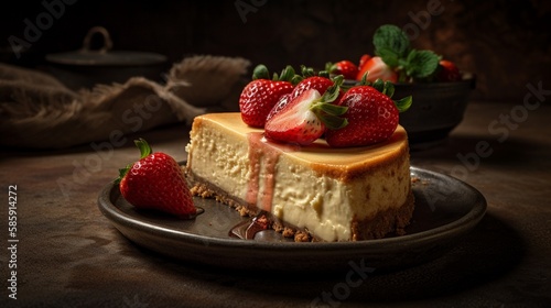 AI A slice of cheesecake with strawberries on top