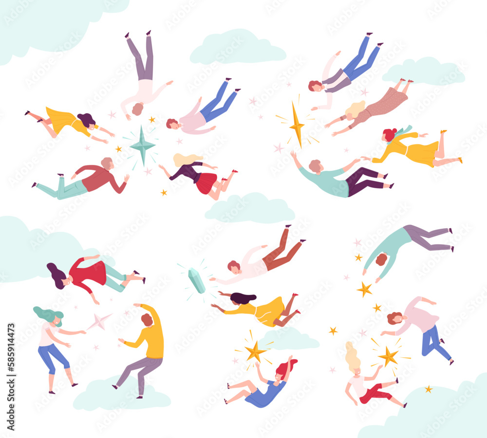 Flying Man and Woman Floating in the Air and Cloud Fantasizing Vector Set