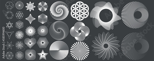 A set of bright Y2K retro elements in white on a black background in the form of geometric shapes. Hipster graphic objects for logo, design, icons, posters.