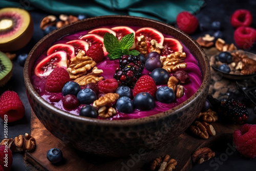 Nourishing and Delicious  A Smoothie Bowl Packed with Fresh Fruits and Nuts. Generative Ai