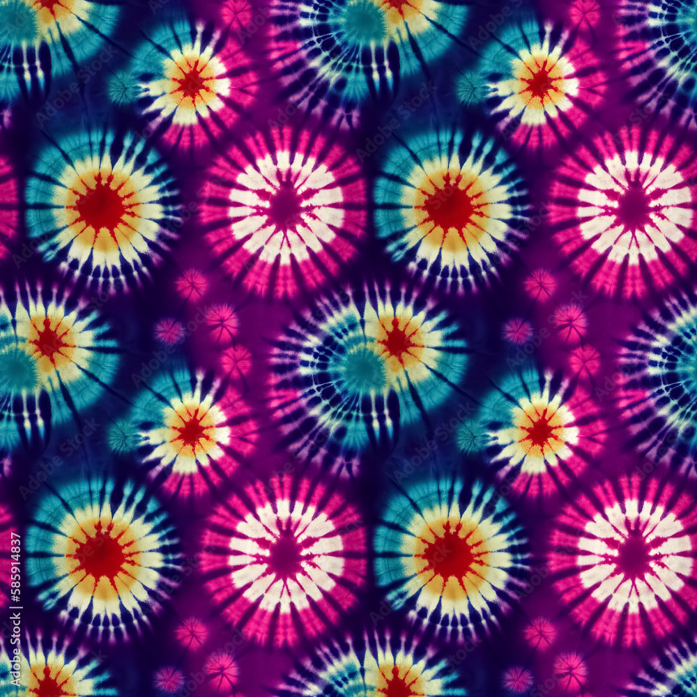 Colorful tie dye style seamless pattern. Hippie batik ornament background. Generative AI. Colorful tie dye style seamless pattern. Hippie batik ornament background. Generative AI.