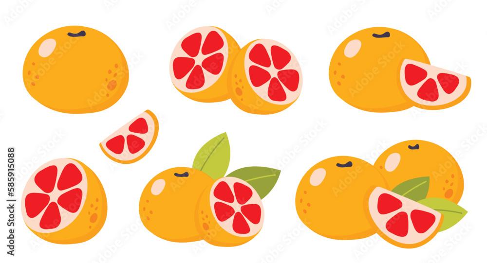 Vector Grapefruit Set isolated on a white background. Cute cartoon illustration of organic food. Life compositions, whole and sliced natural fruites with green leaves Vector Grapefruit Set isolated on a white background. Cute cartoon illustration of organic food. Life compositions, whole and sliced natural fruites with green leaves
