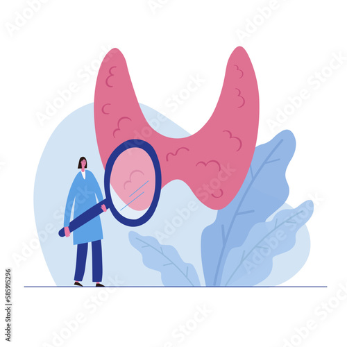 Vector illustration of thyroid gland, endocrinology. Human body organs anatomy icon. The doctor treats and analyzes the thyroid gland. Thyroid day. Medical concept. Image in flat cartoon style