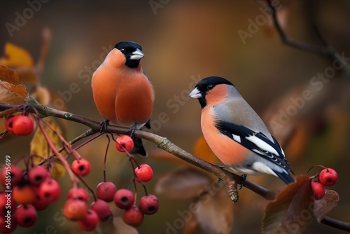  two birds perched on a branch with berries on it's branches and leaves around them, with a blurry background of leaves and berries.  generative ai © Shanti