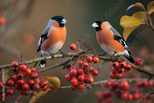  two birds sitting on a branch with berries on it's branches and one bird is looking at the other bird in the distance with a blurry background. generative ai