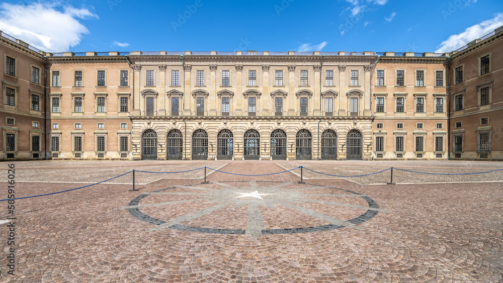 Empty cobblestone courtyard of the Royal Palace on a sunny summer day. Stockholm, Sweden