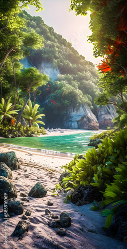 Paradise beach in a jungle with palm trees and white sand - portrait wallpaper - generative AI