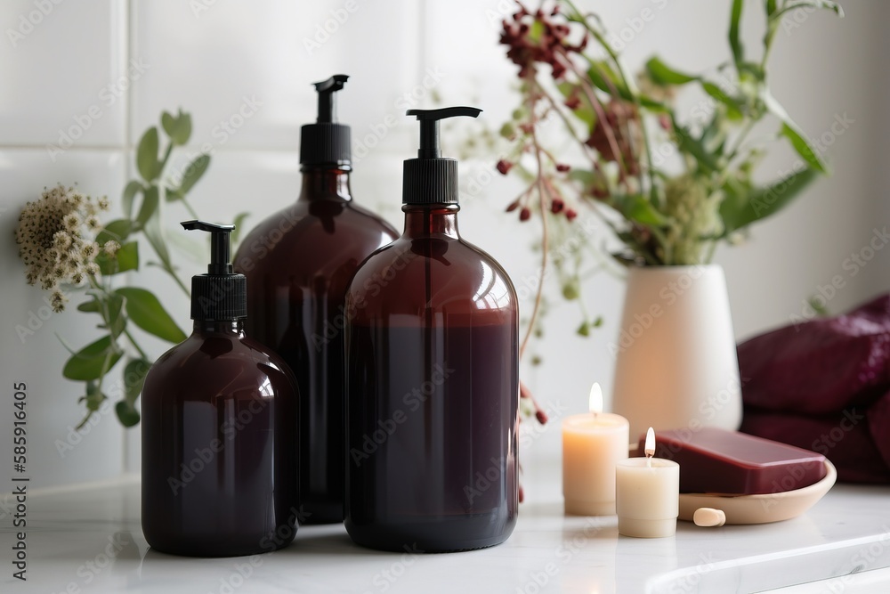 three bottles of soap sit on a counter next to a candle and a vase with flowers in it and a candle holder in the background. generative ai three bottles of soap sit on a counter next to a candle and a vase with flowers in it and a candle holder in the background. generative ai
