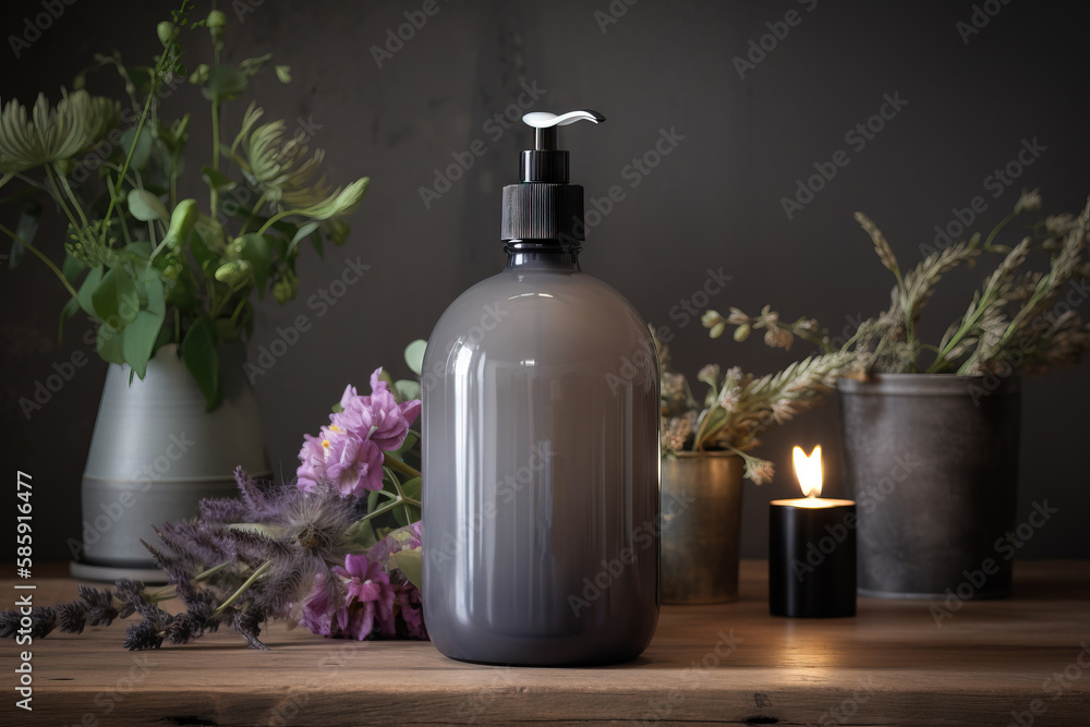 a soap dispenser sitting on top of a wooden table next to a vase with flowers and candles on it and a candle. generative ai a soap dispenser sitting on top of a wooden table next to a vase with flowers and candles on it and a candle. generative ai