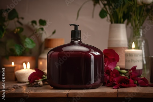  a bottle of liquid sitting on a table next to a candle and some red flowers with candles in the background and a vase with red flowers.  generative ai