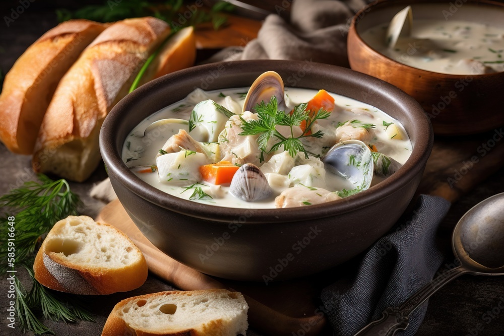 a bowl of clam chowder next to bread and a spoon on a wooden table with a spoon and a loaf of bread on the side. generative ai a bowl of clam chowder next to bread and a spoon on a wooden table with a spoon and a loaf of bread on the side. generative ai