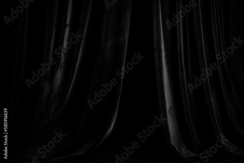  a black and white photo of a curtain with light coming through the top of the curtain and the bottom of the curtain down to the bottom of the curtain. generative ai