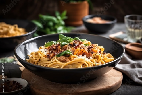  a bowl of pasta with meat and vegetables on a wooden board next to a glass of water and a plate of pasta with meat and vegetables on a wooden board. generative ai