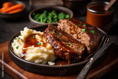  a plate of meatloaf with mashed potatoes and gravy on a wooden cutting board with a knife and fork next to it. generative ai