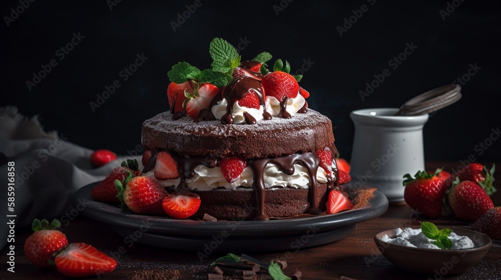 AI A chocolate cake with whipped cream and strawberries on top AI A chocolate cake with whipped cream and strawberries on top