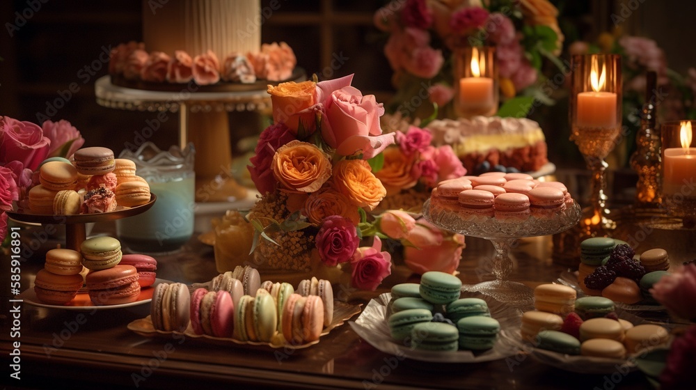 AI A table full of macaroons and other desserts including a bouquet of flowers.