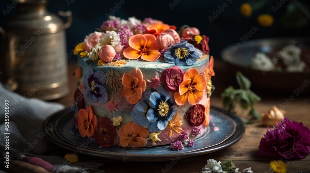 AI A cake with flowers on it is on a plate