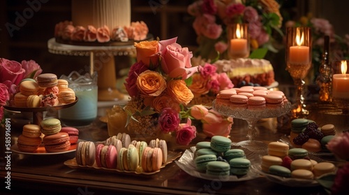 AI A table full of macaroons and other desserts including a bouquet of flowers.