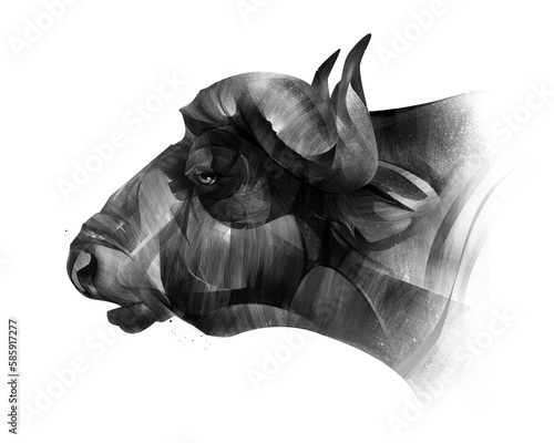 a painted buffalo animal portrait on a white background