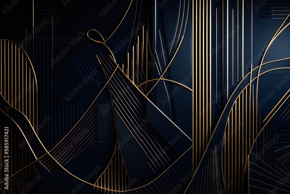 a dark blue and gold abstract background with lines and curves in the ...