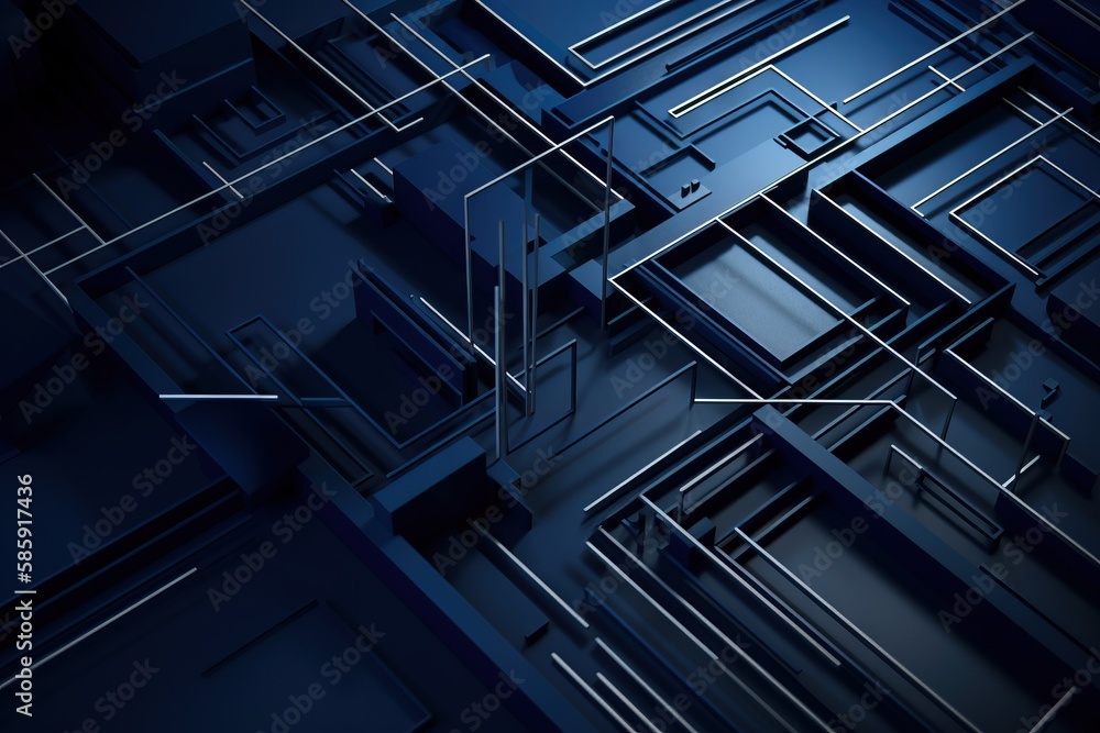 a blue abstract background with lines and shapes in the middle of it ...