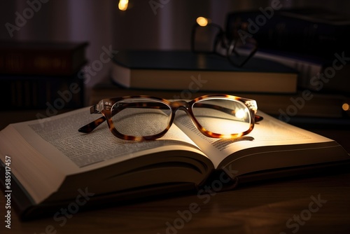  a pair of reading glasses resting on an open book on a table with a light shining on it and books behind it, all lit up. generative ai