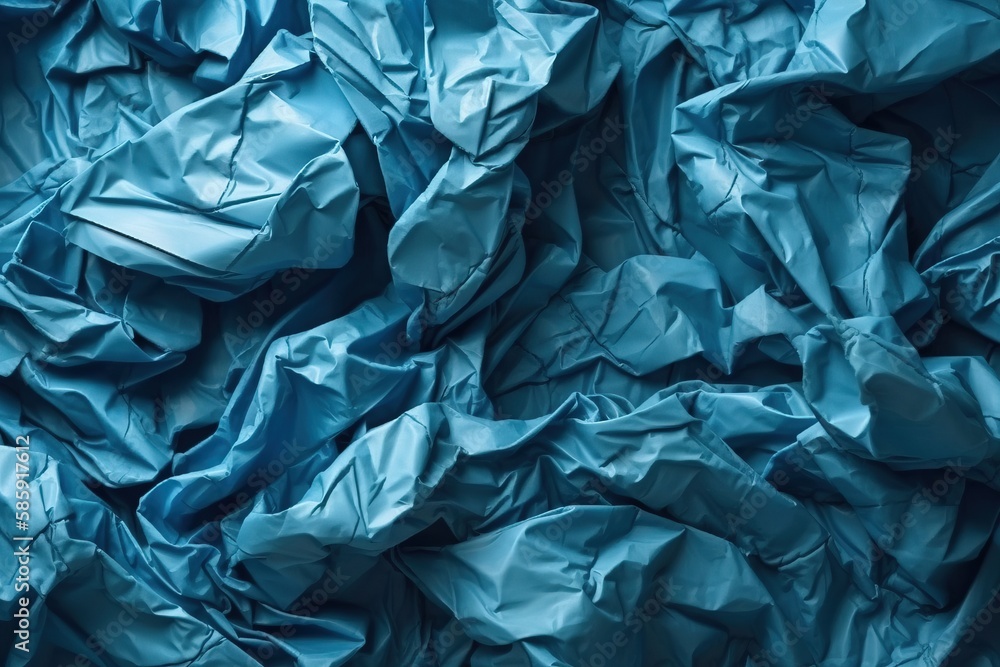 a pile of blue crumpled paper sitting on top of a wooden table next to a wall of blue sheets of paper on top of a wooden table. generative ai a pile of blue crumpled paper sitting on top of a wooden table next to a wall of blue sheets of paper on top of a wooden table. generative ai