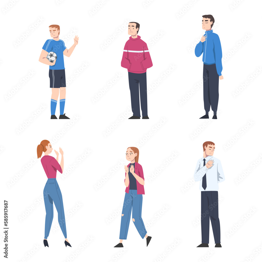 Fototapeta premium Young Man and Woman with Contempt Look on Face Showing Rejection and Refusal Gesture with Hands Vector Set