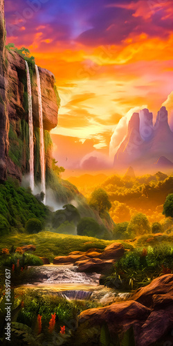 Fantasy paradise landscape with trees and waterfalls during sunset - portrait wallpaper - generative AI