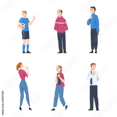 Young Man and Woman with Contempt Look on Face Showing Rejection and Refusal Gesture with Hands Vector Set