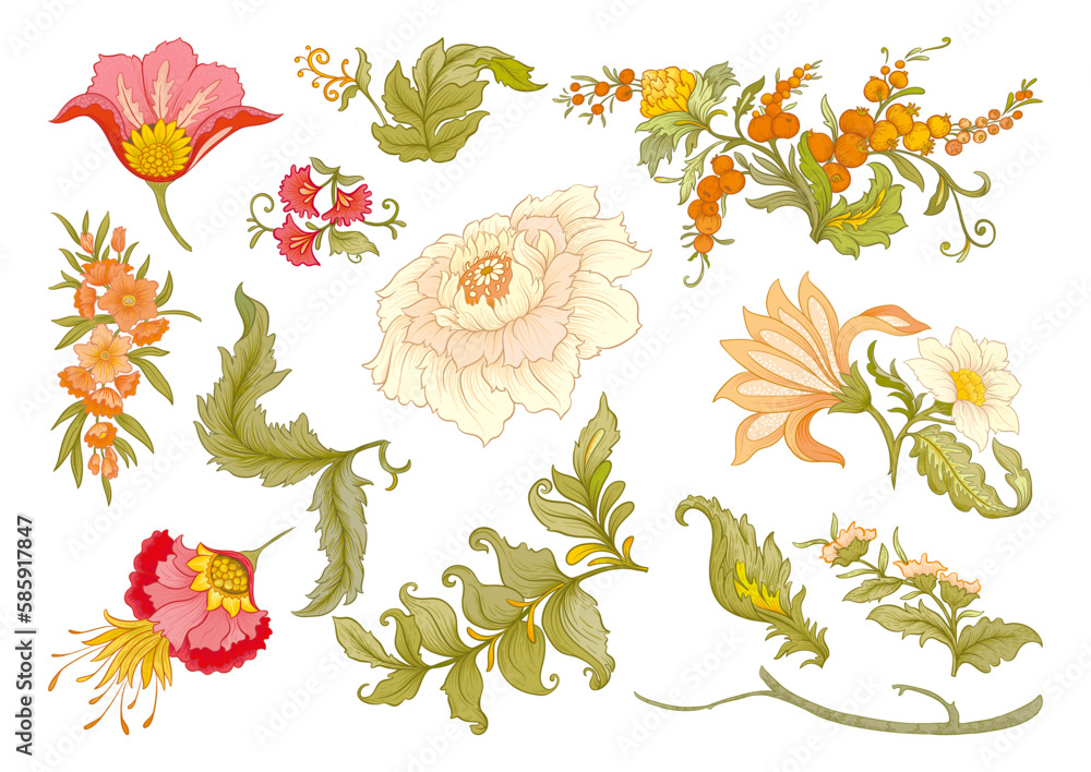 Obraz premium Fantasy flowers in art nouveau style, vintage, old, retro style. Clip art, set of elements for design. Vector illustration.