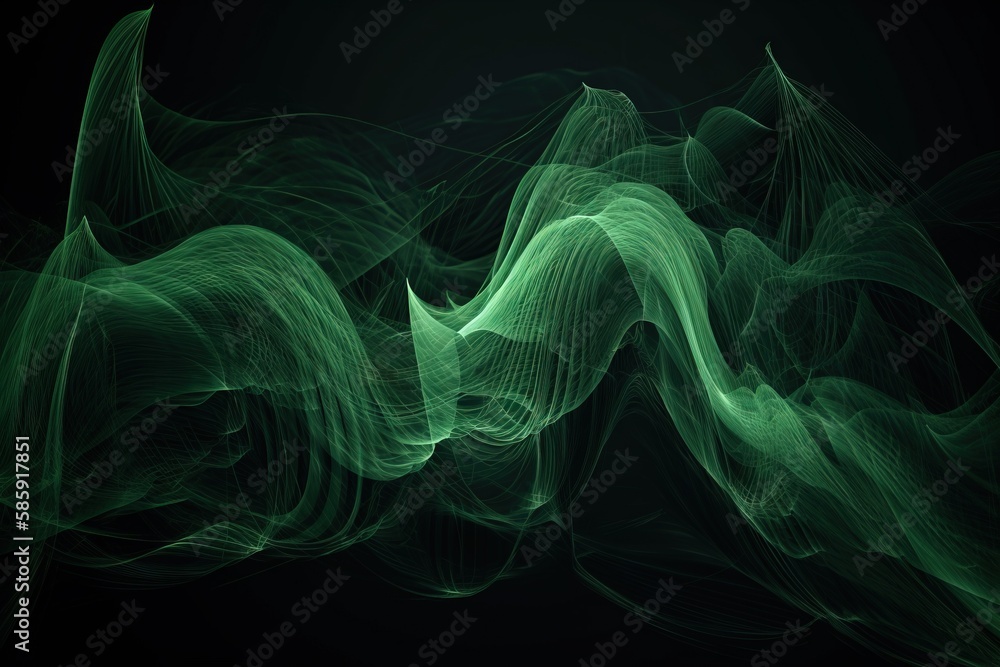  a green and black background with a wavy pattern on it's side and a black background with a green and white swirl on the bottom of the image.  generative ai