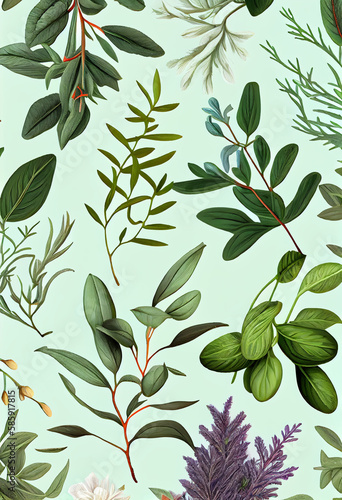 seamless pattern mixture of herbs, plants and leaves, light green background, simple minimalist aesthetic style wallpaper, Generative ai