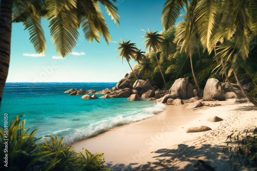 A palm tree-lined beach with crystal clear water and white sand