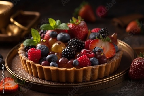  a tart filled with lots of fresh fruit on top of a wooden table next to a cup of coffee and a plate of strawberries.  generative ai