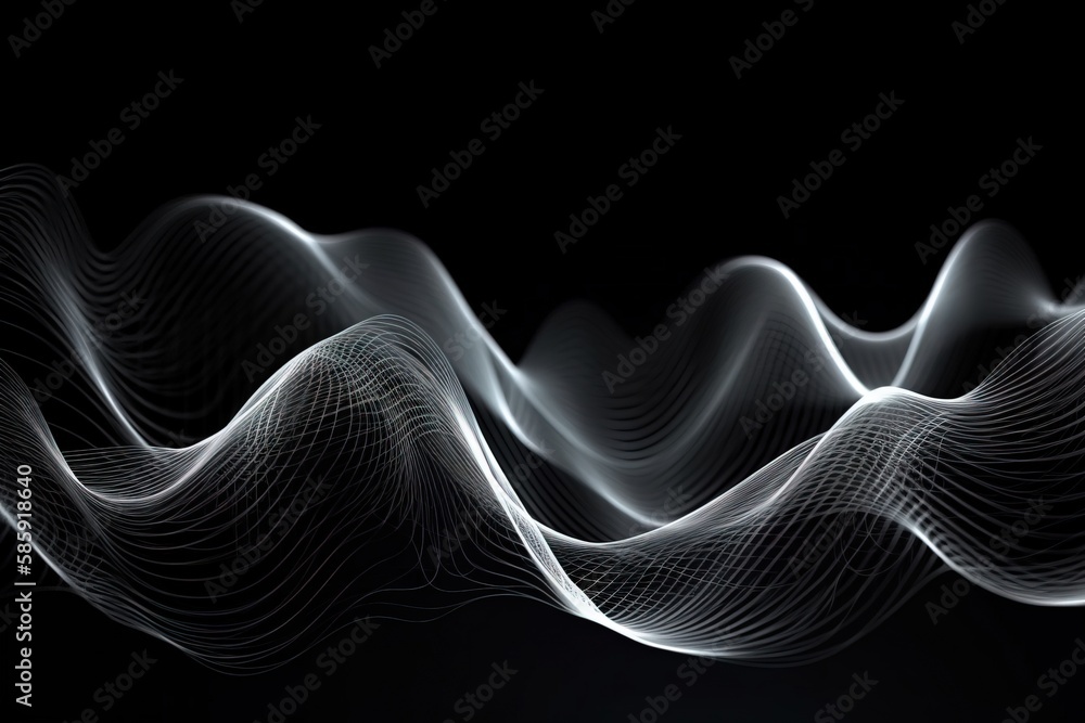  a black and white photo of a wave of light on a black background with a black background and a white wave of light on a black background.  generative ai
